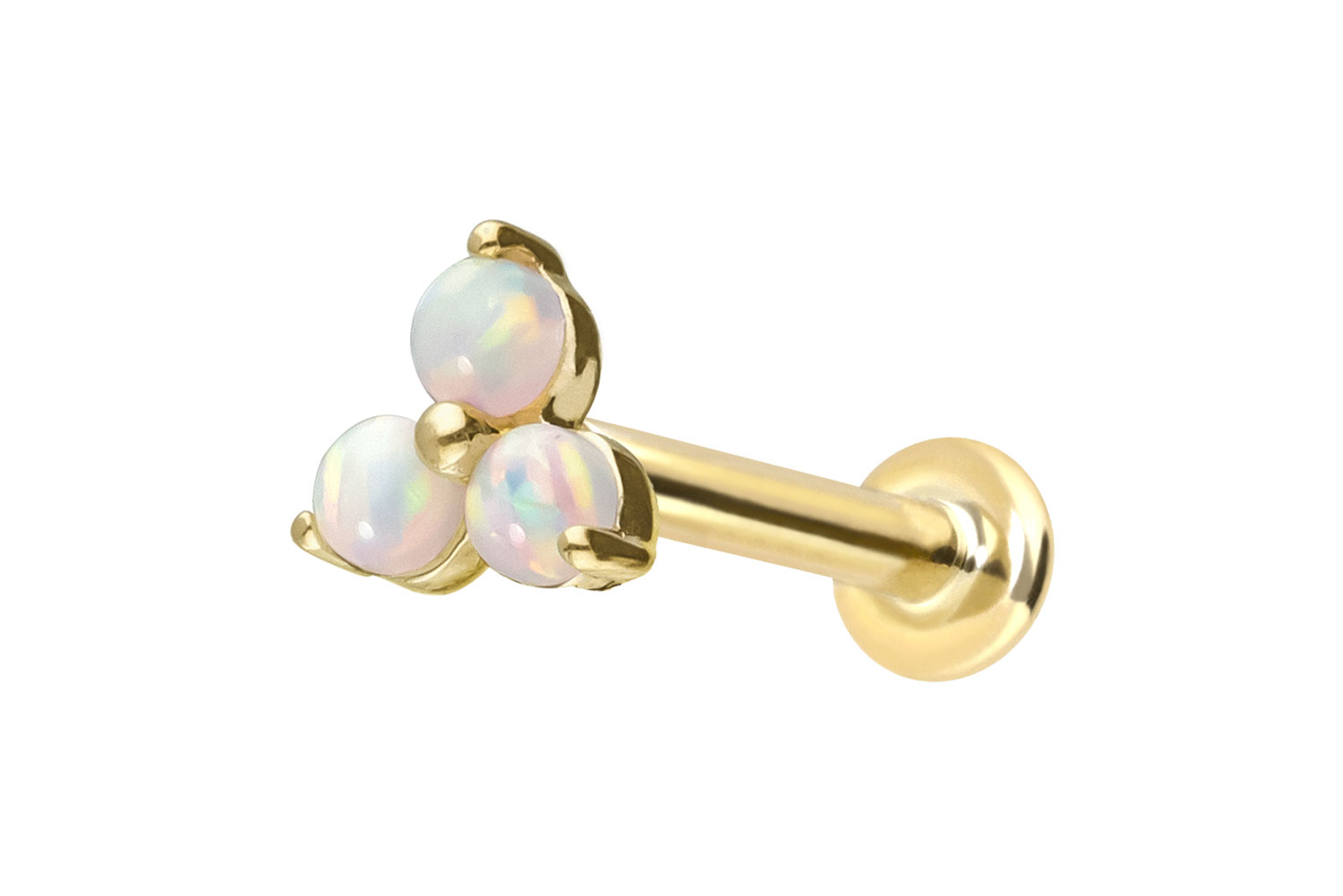 14 Karat Gold Labret Piercing mit Push Fit BLUME + 3 SYNTHETISCHE OPALE